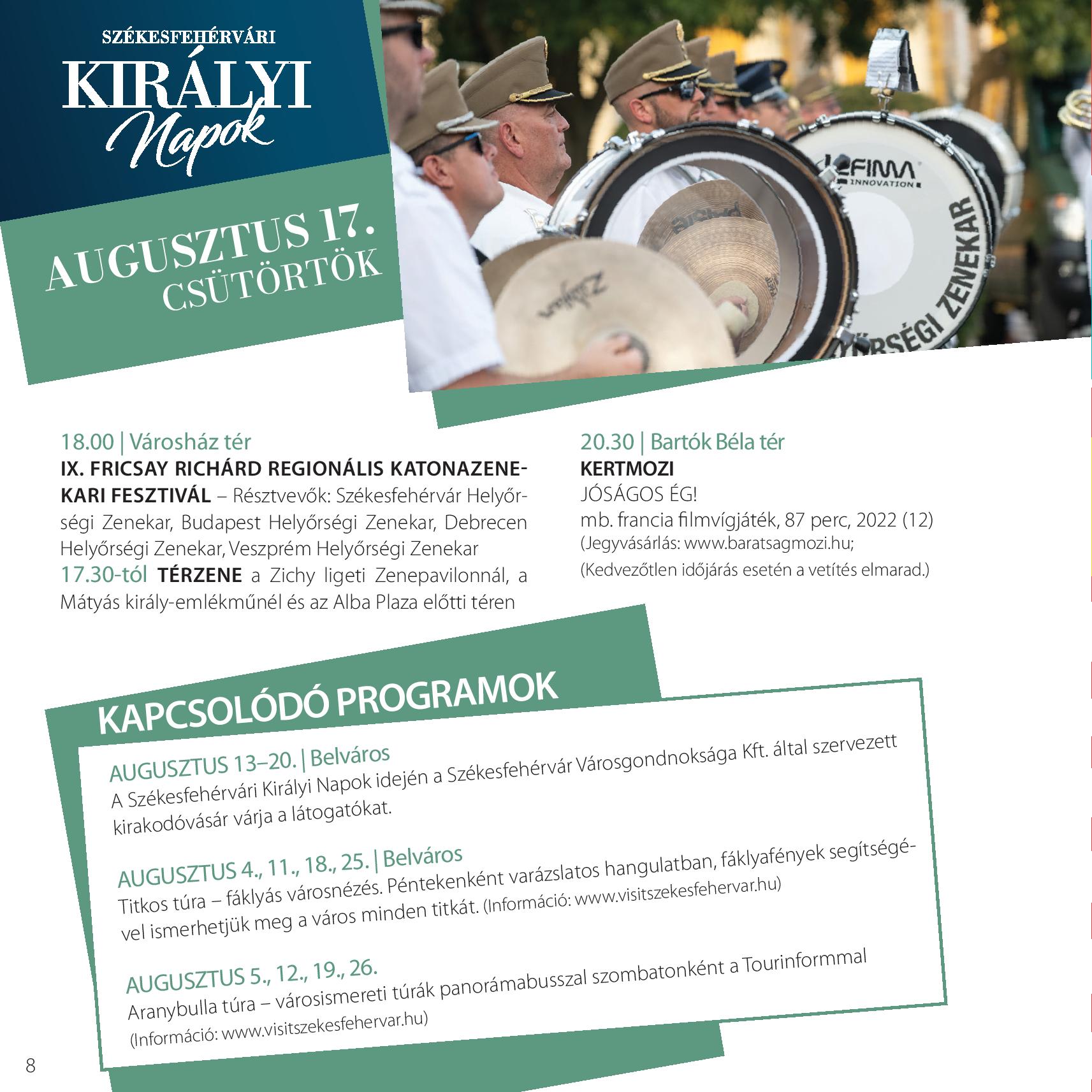 Katonazenekari Fesztivál és kertmozi – a Székesfehérvári Királyi Napok augusztus 17-i programjai